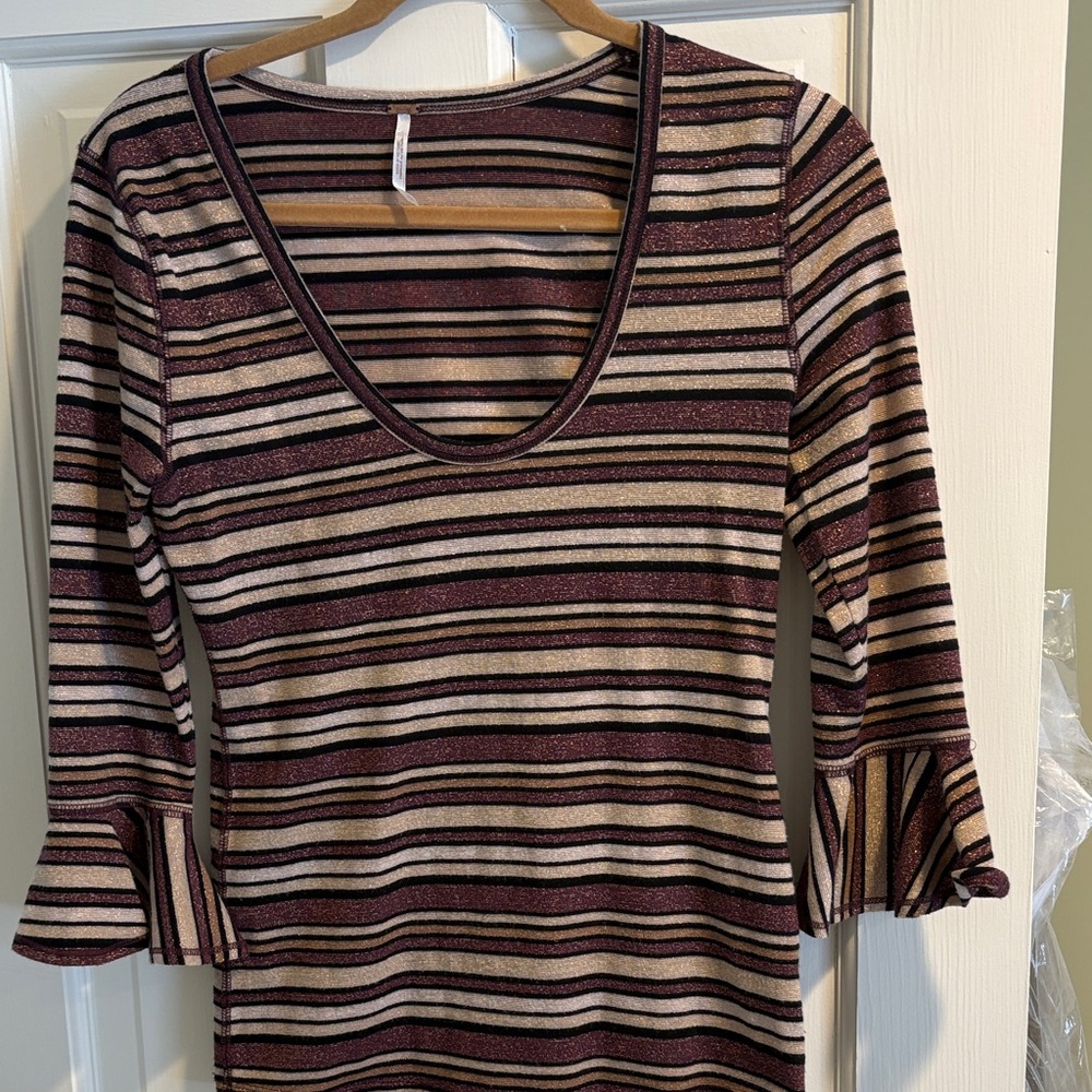 Free People Burgundy/brown and Cream Striped Long Sleeve Top